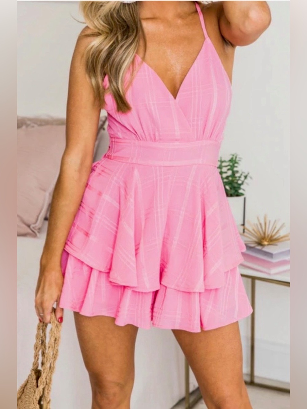 NEVER WORN Pink Lily Delightfully in Love Hot Pink Romper Sz Large Summer Barbie